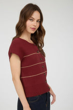 Burgundy Stripe Button Down Short Sleeve Knit Cardigan