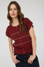 Burgundy Stripe Button Down Short Sleeve Knit Cardigan