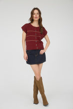 Burgundy Stripe Button Down Short Sleeve Knit Cardigan