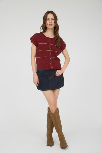Burgundy Stripe Button Down Short Sleeve Knit Cardigan
