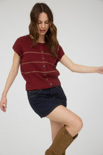 Burgundy Stripe Button Down Short Sleeve Knit Cardigan
