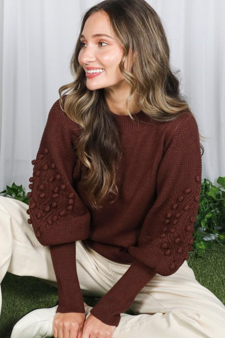 Brown Textured Long Puff Sleeve Sweater Top