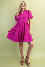 Magenta Seersucker Puff Sleeve Mini Dress