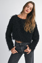Black Mesh Feather Textured Long Sleeve Pull Over Top