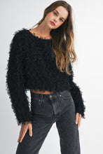 Black Mesh Feather Textured Long Sleeve Pull Over Top