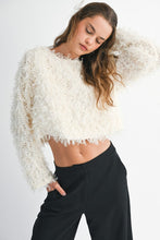 Cream Mesh Feather Textured Long Sleeve Pull Over Top