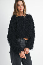 Black Mesh Feather Textured Long Sleeve Pull Over Top