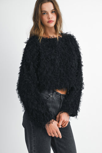 Black Mesh Feather Textured Long Sleeve Pull Over Top