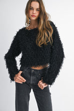Black Mesh Feather Textured Long Sleeve Pull Over Top