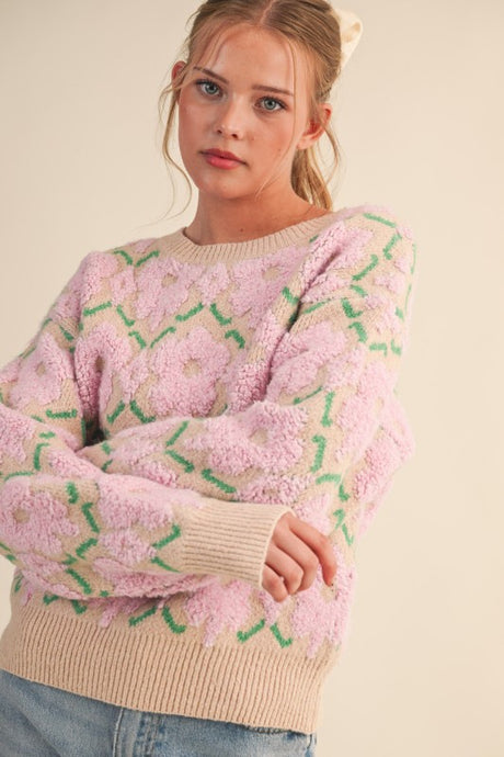 Pink Flower Flower Fuzzy Texture Floral Sweater