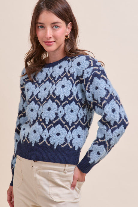 Blue Flower Fuzzy Texture Floral Sweater