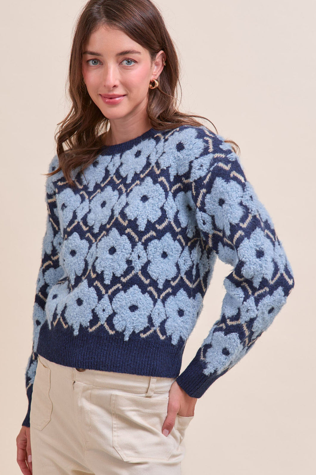 Blue Flower Fuzzy Texture Floral Sweater