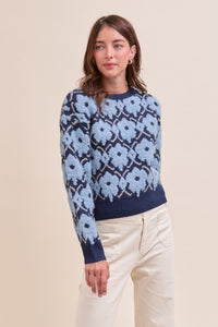 Blue Flower Fuzzy Texture Floral Sweater