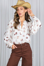 Cream/Brown V-neck Long Puff Sleeves Western-inspired Shirt
