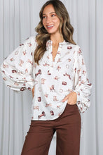 Cream/Brown V-neck Long Puff Sleeves Western-inspired Shirt