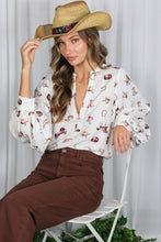 Cream/Brown V-neck Long Puff Sleeves Western-inspired Shirt