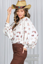 Cream/Brown V-neck Long Puff Sleeves Western-inspired Shirt