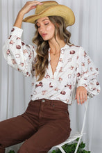 Cream/Brown V-neck Long Puff Sleeves Western-inspired Shirt
