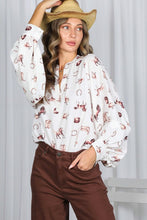 Cream/Brown V-neck Long Puff Sleeves Western-inspired Shirt