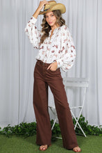 Cream/Brown V-neck Long Puff Sleeves Western-inspired Shirt