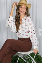 Cream/Brown V-neck Long Puff Sleeves Western-inspired Shirt