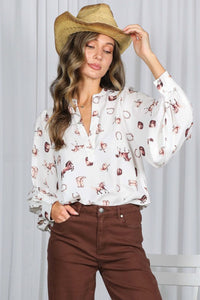 Cream/Brown V-neck Long Puff Sleeves Western-inspired Shirt