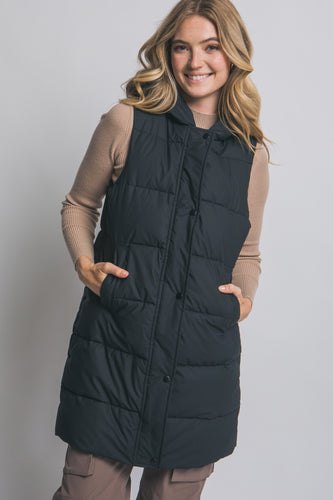 Black Hooded Long Quilted Puffer Vest