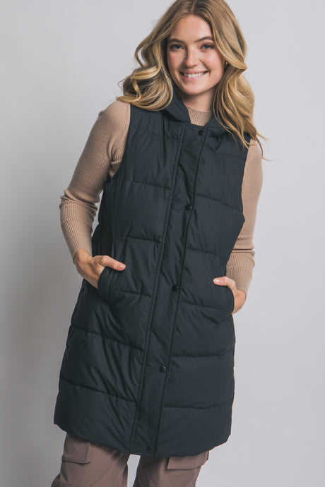 Black Hooded Long Quilted Puffer Vest
