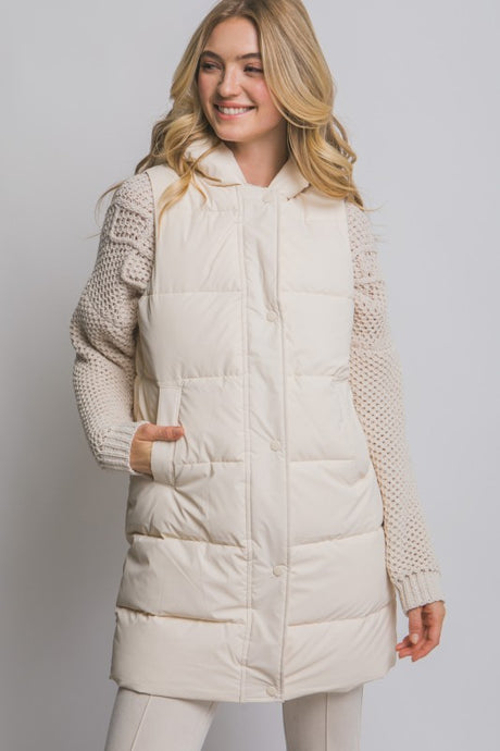 Ivory Hooded Long Quilted Puffer Vest