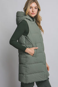 Olive Hooded Long Quilted Puffer Vest