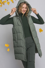 Olive Hooded Long Quilted Puffer Vest