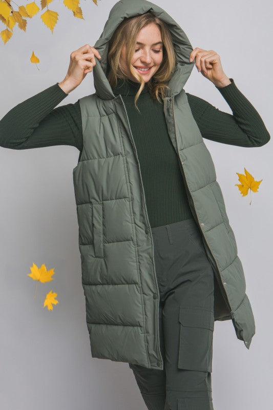 Olive Hooded Long Quilted Puffer Vest