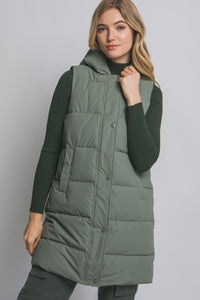 Olive Hooded Long Quilted Puffer Vest