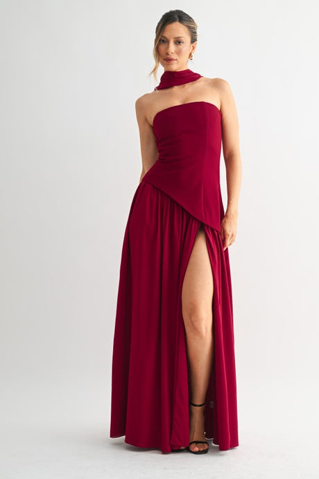 Burgundy Parisian Lace-up Maxi Dress