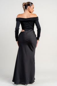 Black Stretch Woven Bodysuit W/ Satin Effect Maxi Dress