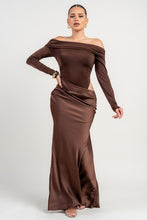 Chocolate Stretch Woven Bodysuit W/ Satin Effect Maxi Dress