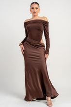 Chocolate Stretch Woven Bodysuit W/ Satin Effect Maxi Dress