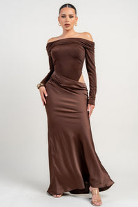 Chocolate Stretch Woven Bodysuit W/ Satin Effect Maxi Dress