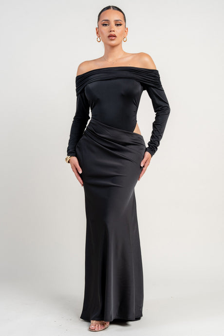 Black Stretch Woven Bodysuit W/ Satin Effect Maxi Dress