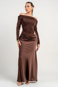Chocolate Stretch Woven Bodysuit W/ Satin Effect Maxi Dress