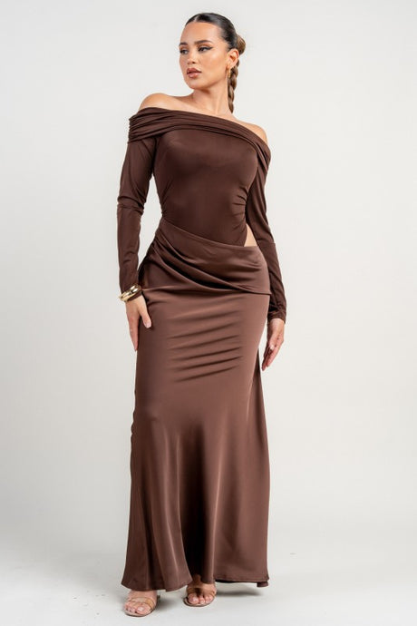 Chocolate Stretch Woven Bodysuit W/ Satin Effect Maxi Dress