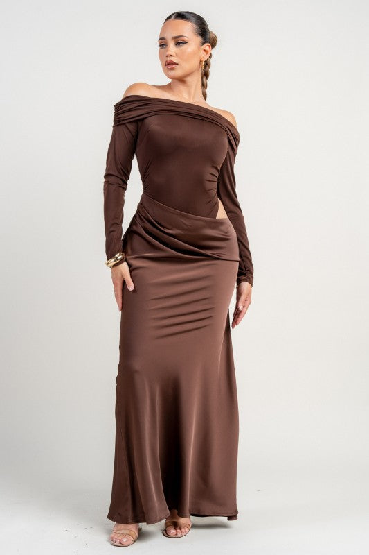 Chocolate Stretch Woven Bodysuit W/ Satin Effect Maxi Dress