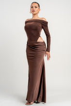 Chocolate Stretch Woven Bodysuit W/ Satin Effect Maxi Dress