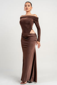 Chocolate Stretch Woven Bodysuit W/ Satin Effect Maxi Dress