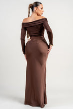 Chocolate Stretch Woven Bodysuit W/ Satin Effect Maxi Dress
