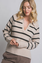 Beige V-neck Stripe Polo Sweater