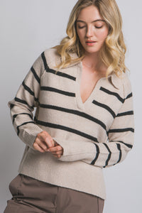 Beige V-neck Stripe Polo Sweater