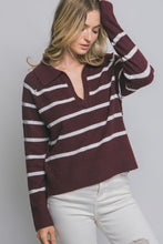 Burgundy V-neck Stripe Polo Sweater