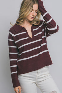 Burgundy V-neck Stripe Polo Sweater
