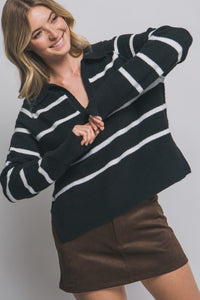 Black V-neck Stripe Polo Sweater